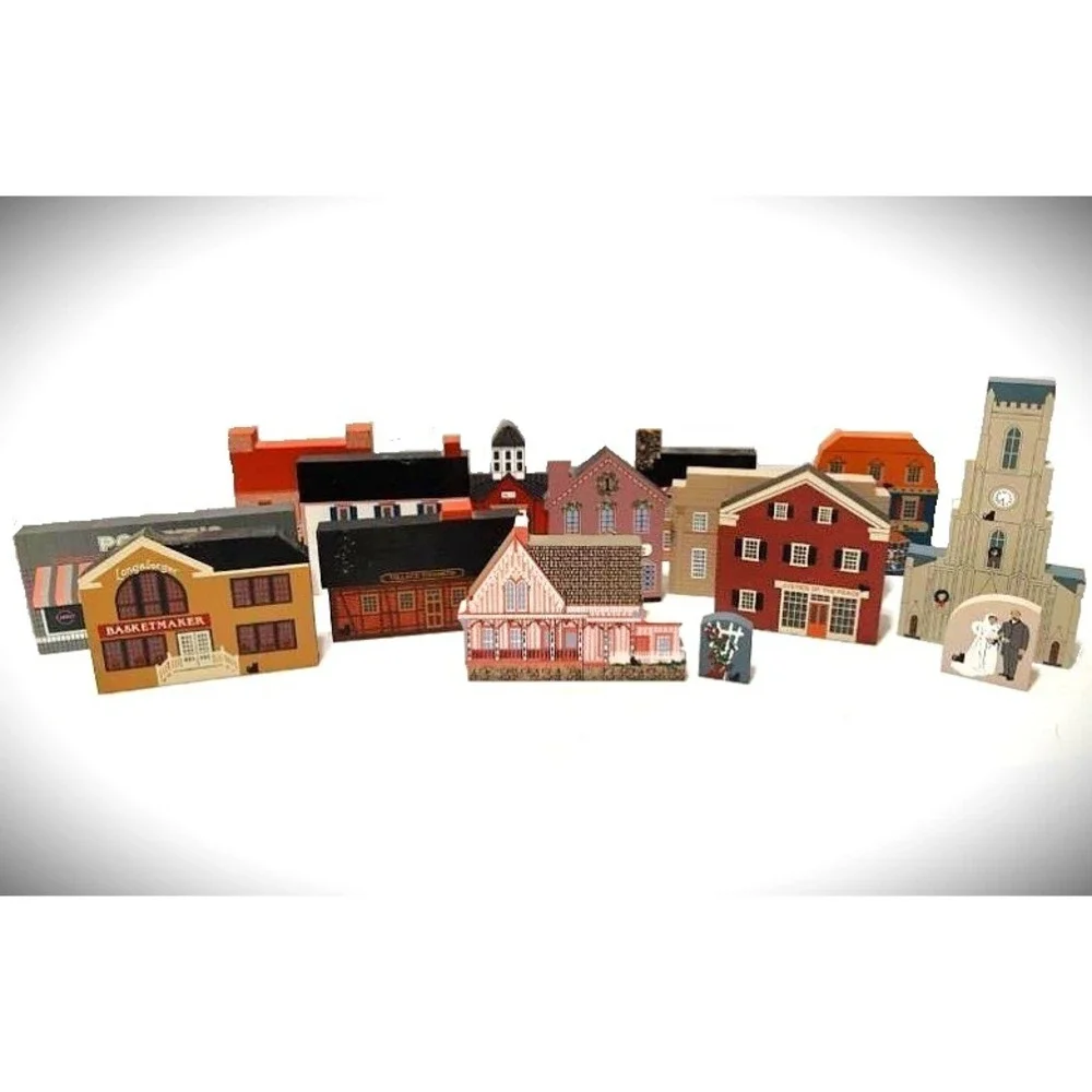 Longaberger CAT'S MEOW Block Christmas Village Bldgs Shops Houses 80s-90s 15 pcs